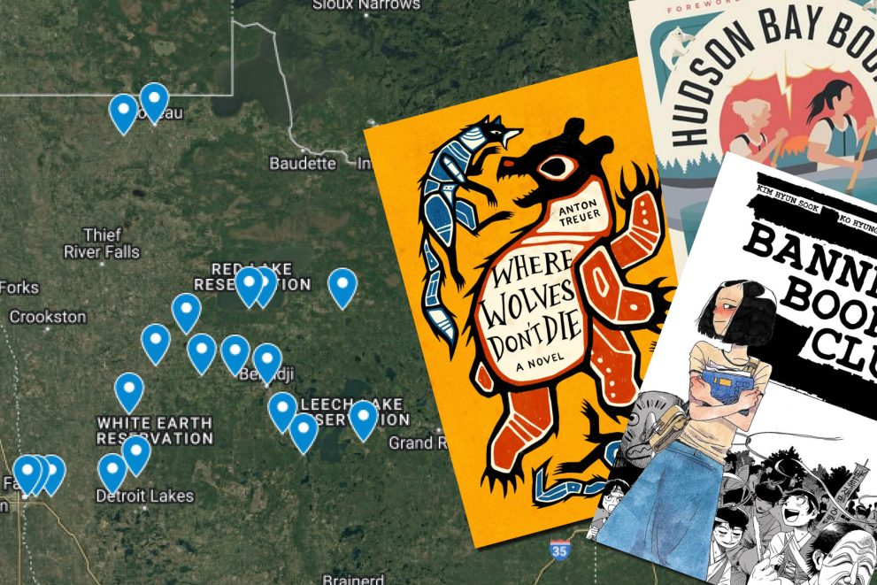 Illustration showing three book covers superimposed over a map showing pins on northern Minnesota towns.