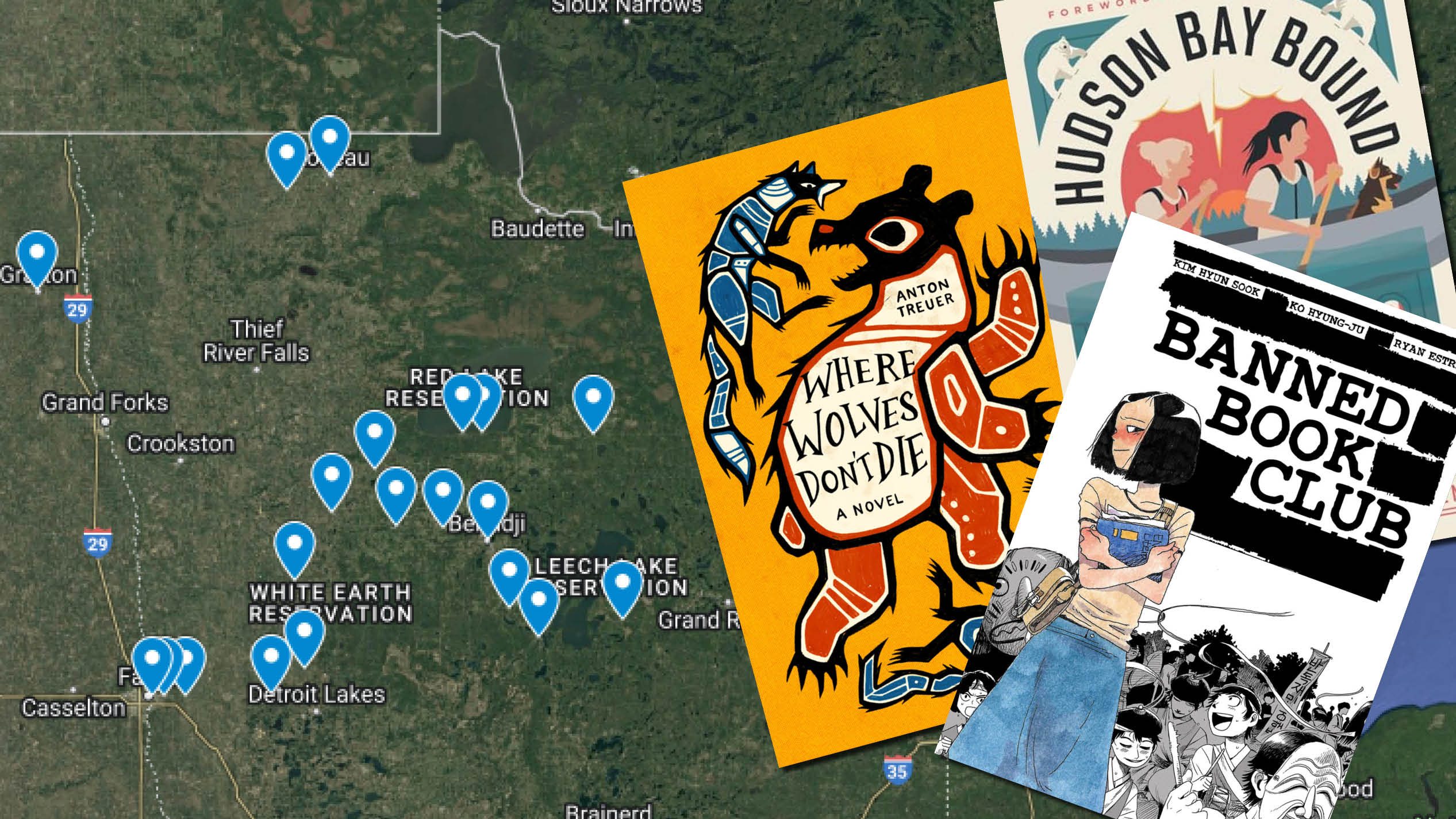 Illustration showing three book covers superimposed over a map showing pins on northern Minnesota towns.