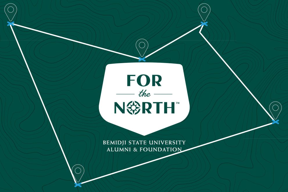 The logo for Bemidji State's "For the North" campaign sits in front of a stylized map of the route for this part of the "For the North" tour.
