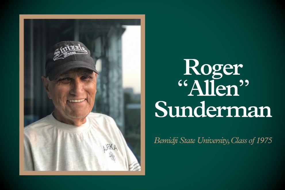 A photo of Roger "Allen" Sunderman with the words "Bemidji State University, Class of 1975"