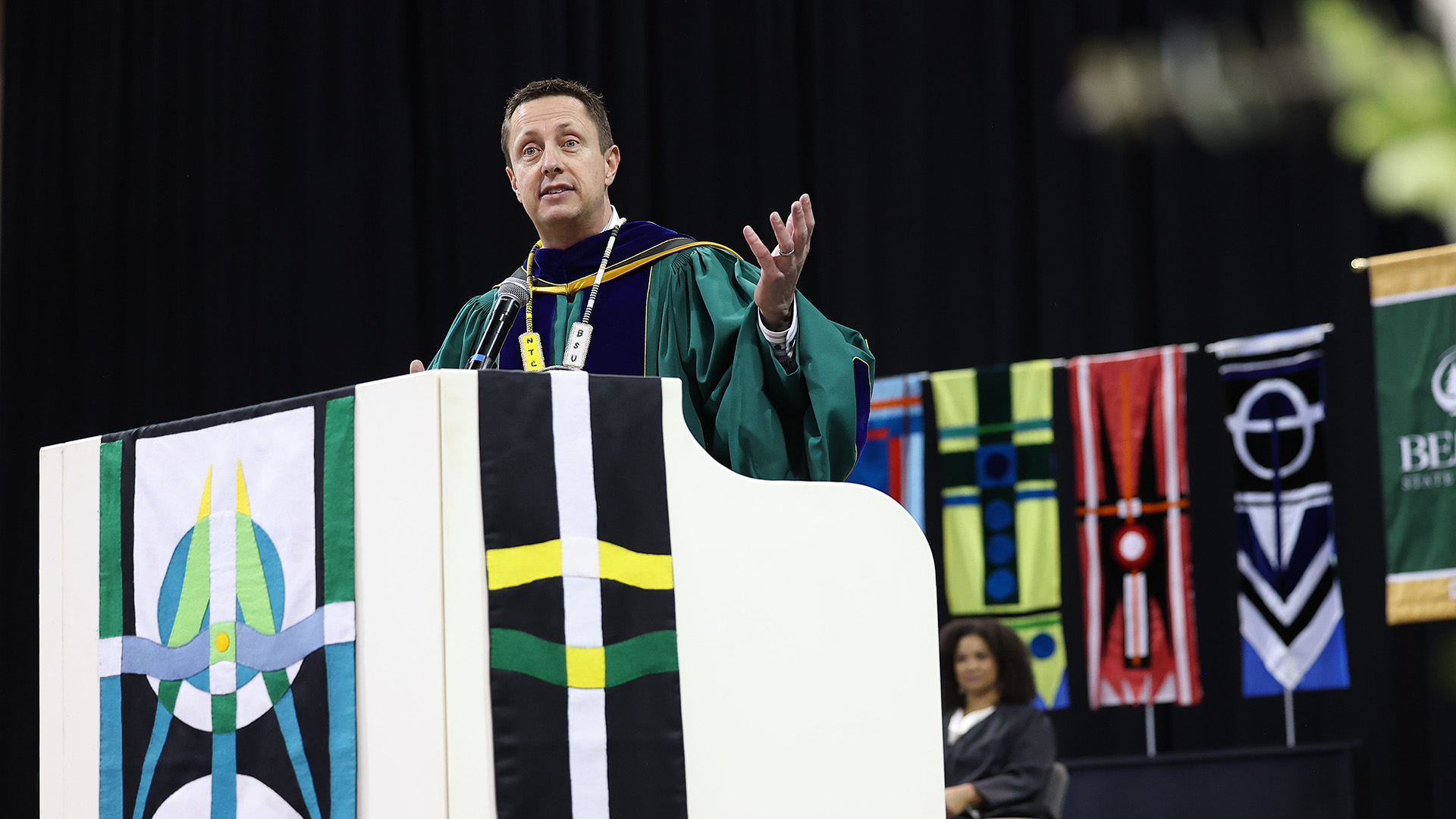 BSU President John L. Hoffman addresses graduates during the university's 107th Commencement ceremony.
