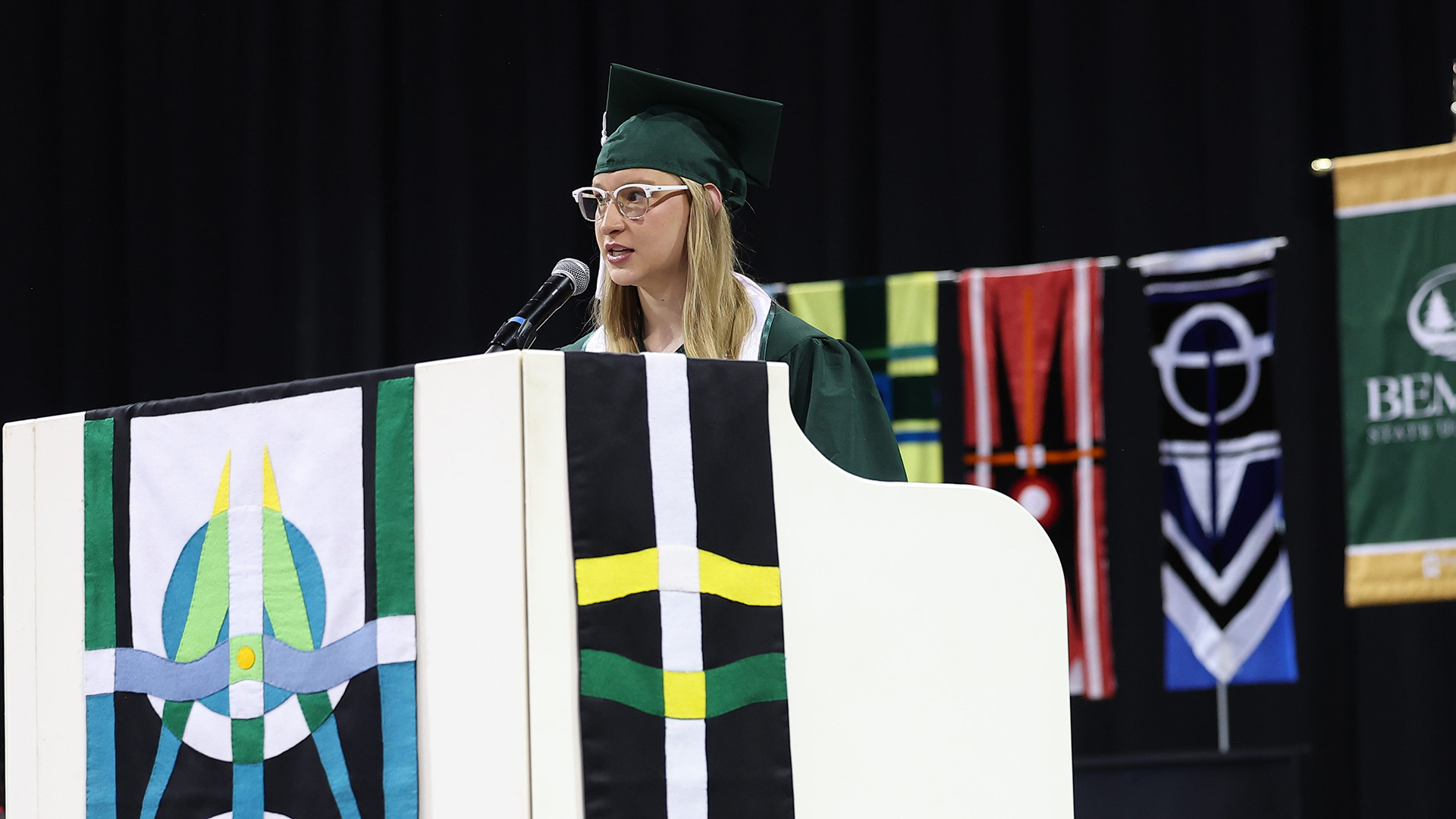 BSU student Meadow Karp addresses graduates during the university's 107th Commencement ceremony.