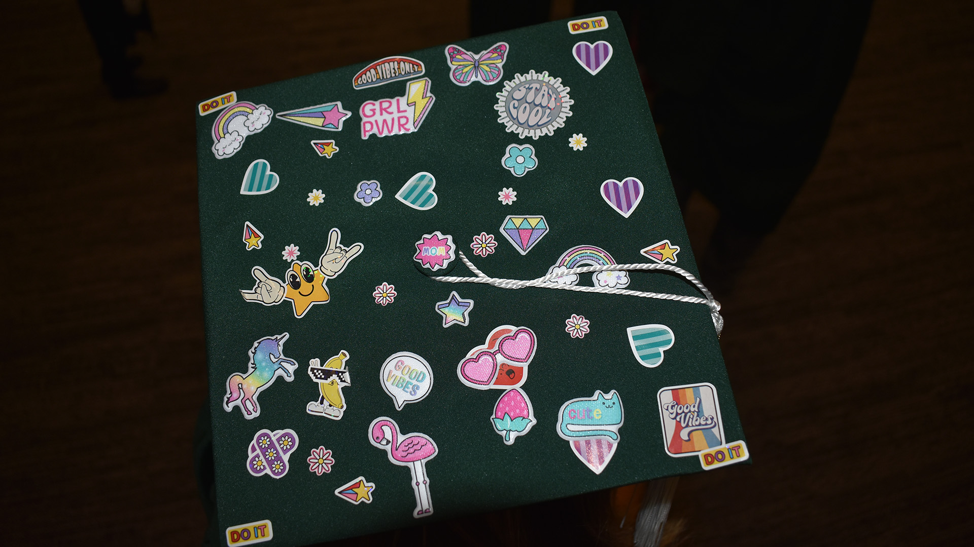 A decorated mortar board at BSU's 107th Commencement, May 8, 2026.