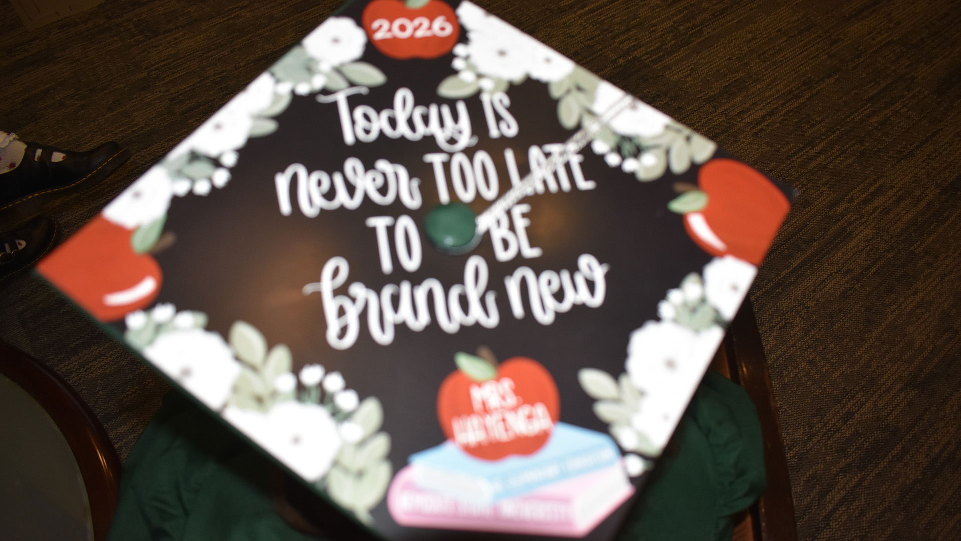 A decorated mortar board at BSU's 107th Commencement, May 8, 2026.
