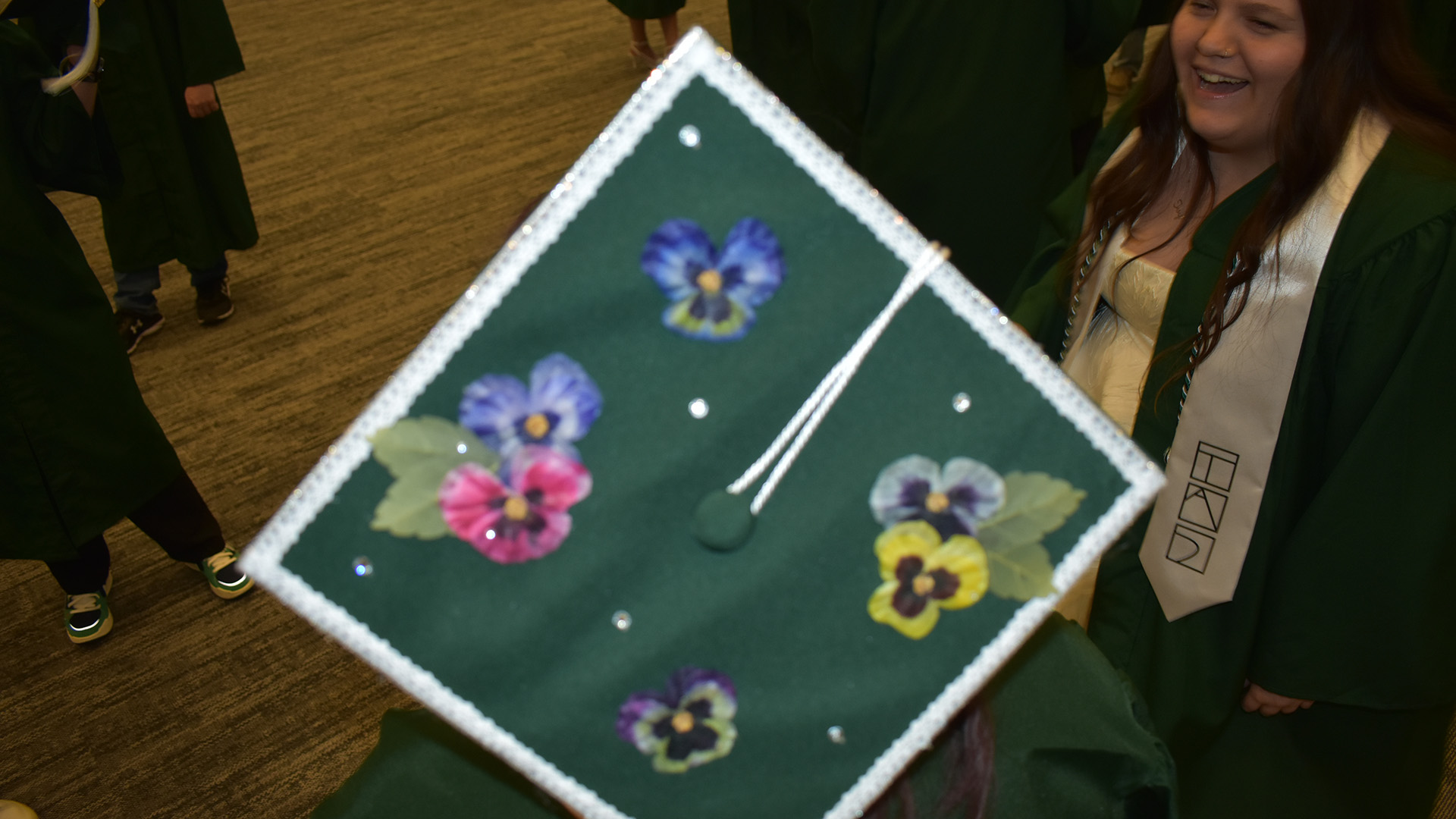 A decorated mortar board at BSU's 107th Commencement, May 8, 2026.