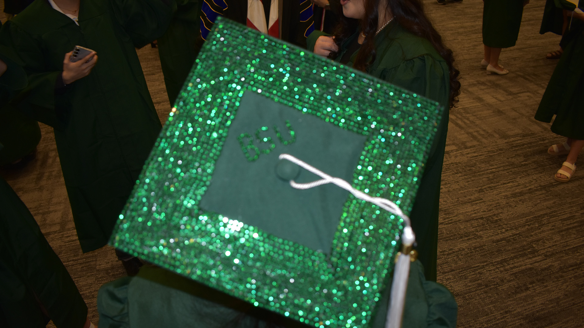 A decorated mortar board at BSU's 107th Commencement, May 8, 2026.