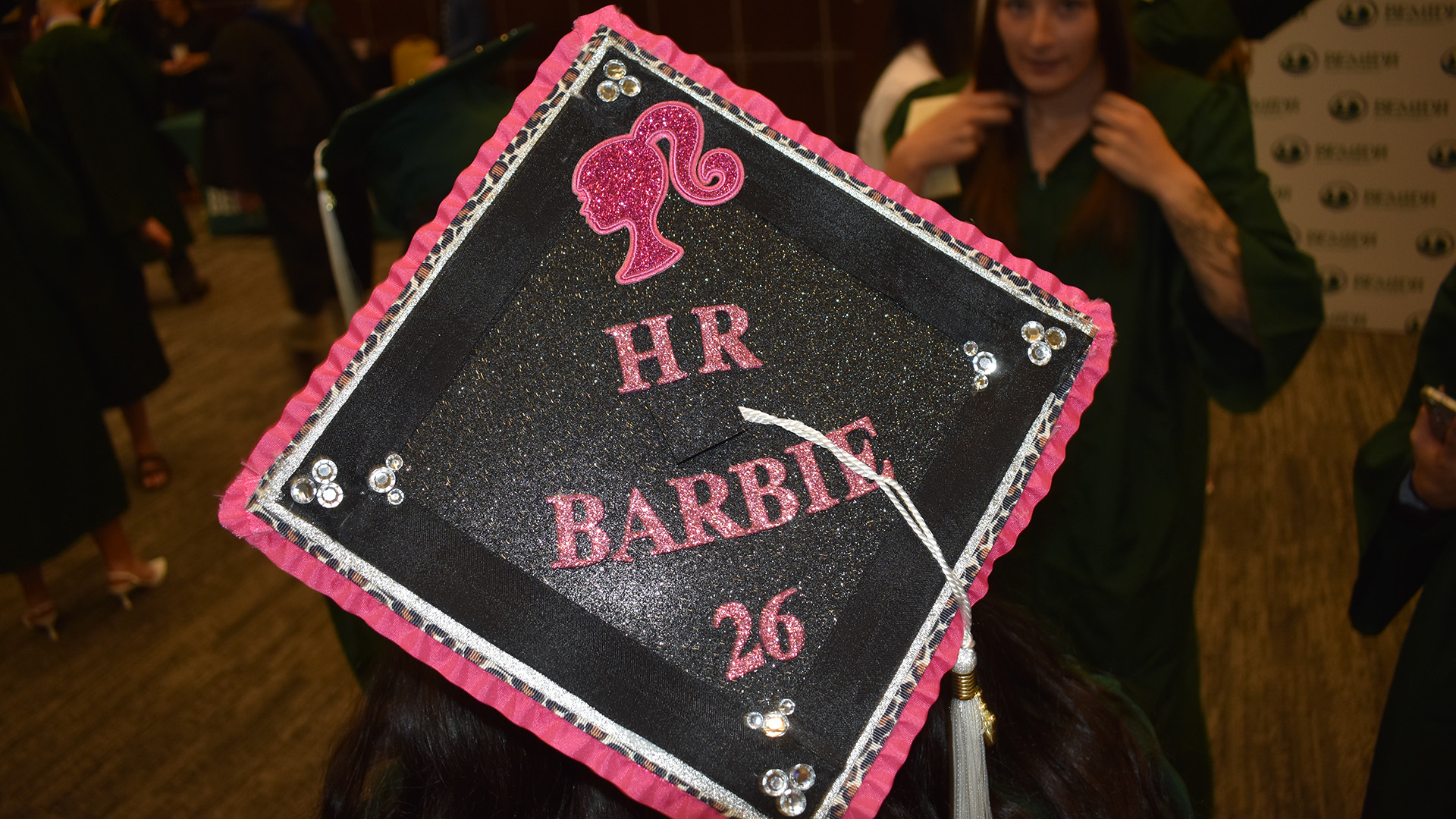 A decorated mortar board at BSU's 107th Commencement, May 8, 2026.