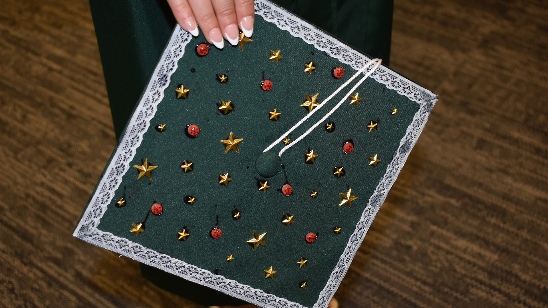 A decorated mortar board at BSU's 107th Commencement, May 8, 2026.