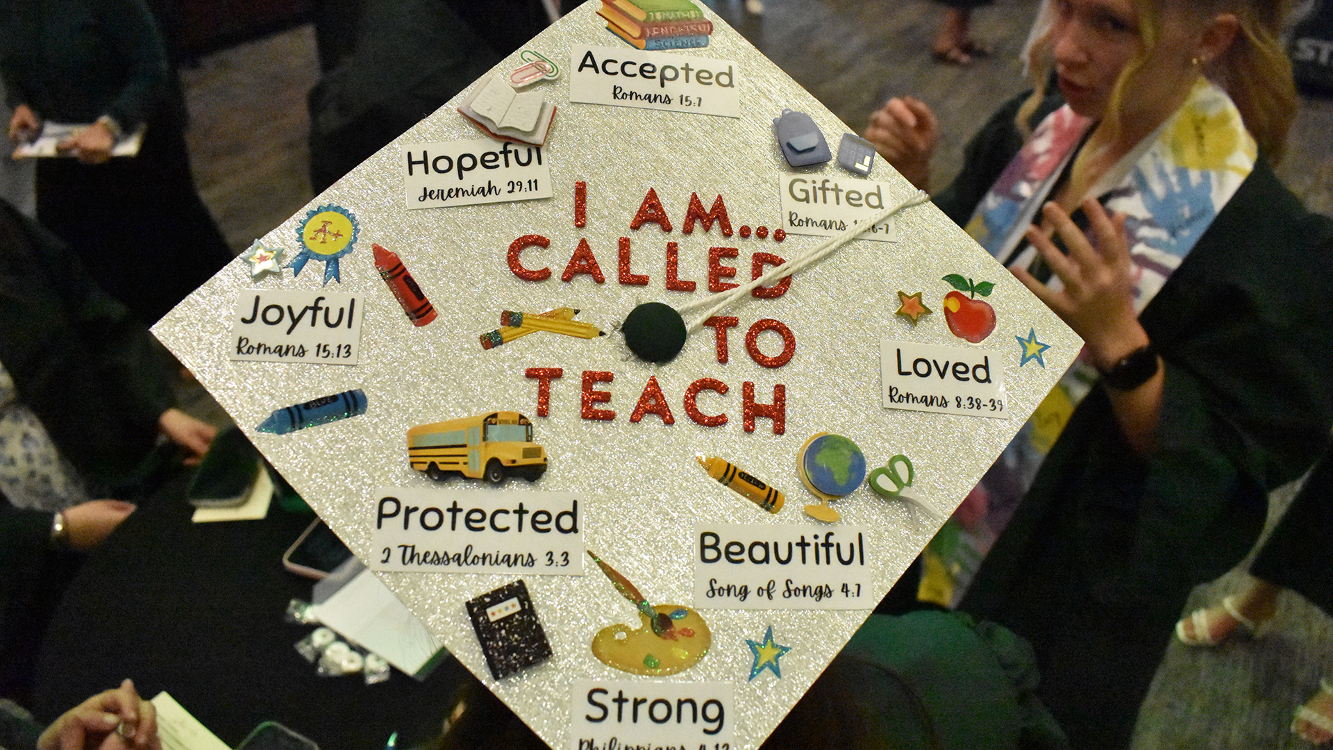 A decorated mortar board at BSU's 107th Commencement, May 8, 2026.