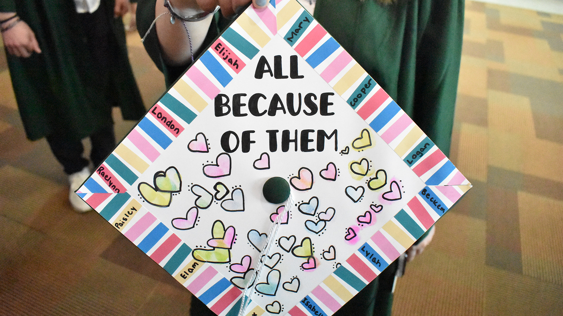 A decorated mortar board at BSU's 107th Commencement, May 8, 2026.