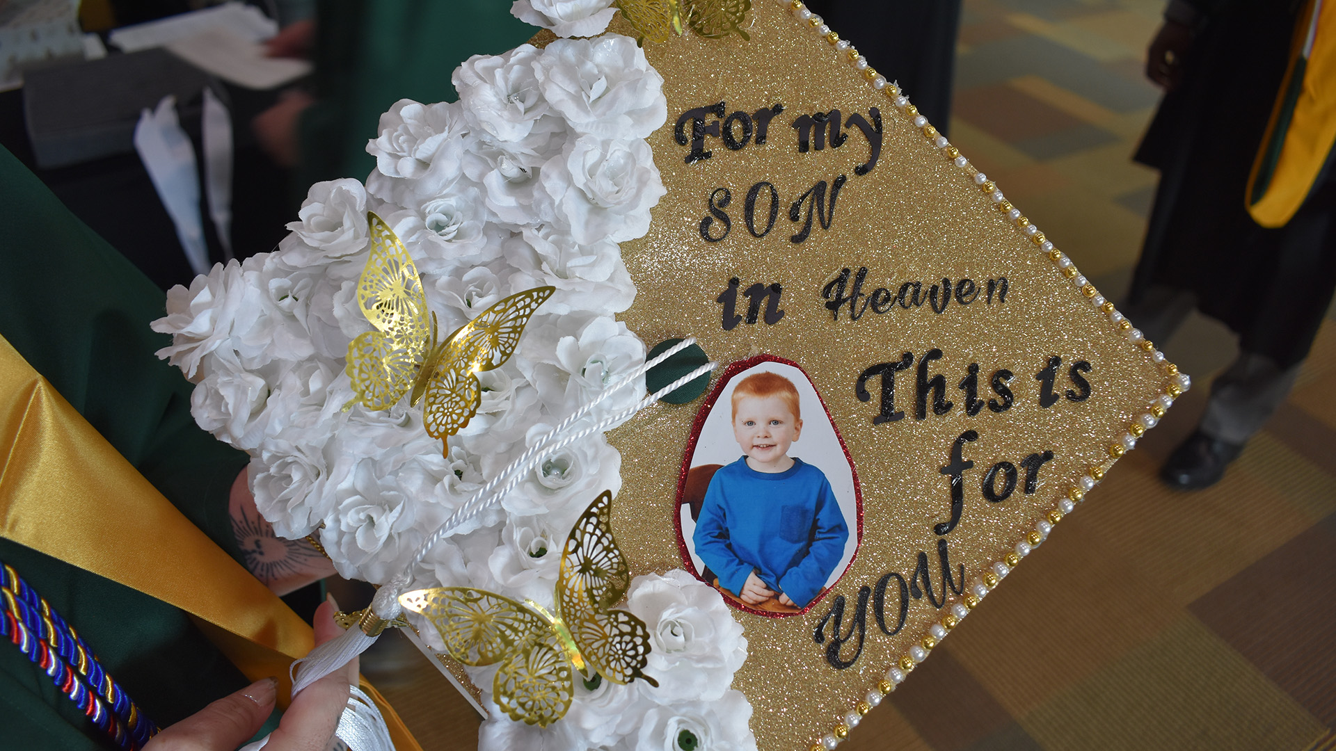 A decorated mortar board at BSU's 107th Commencement, May 8, 2026.