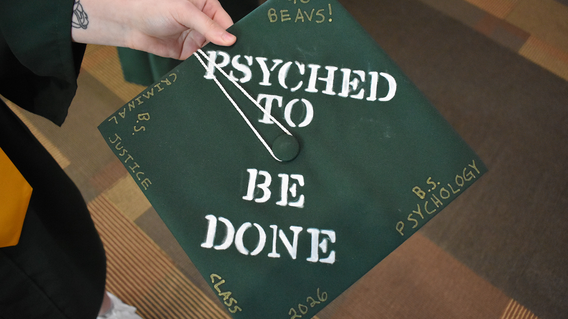 A decorated mortar board at BSU's 107th Commencement, May 8, 2026.