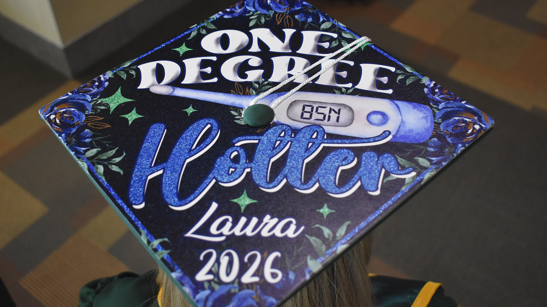 A decorated mortar board at BSU's 107th Commencement, May 8, 2026.