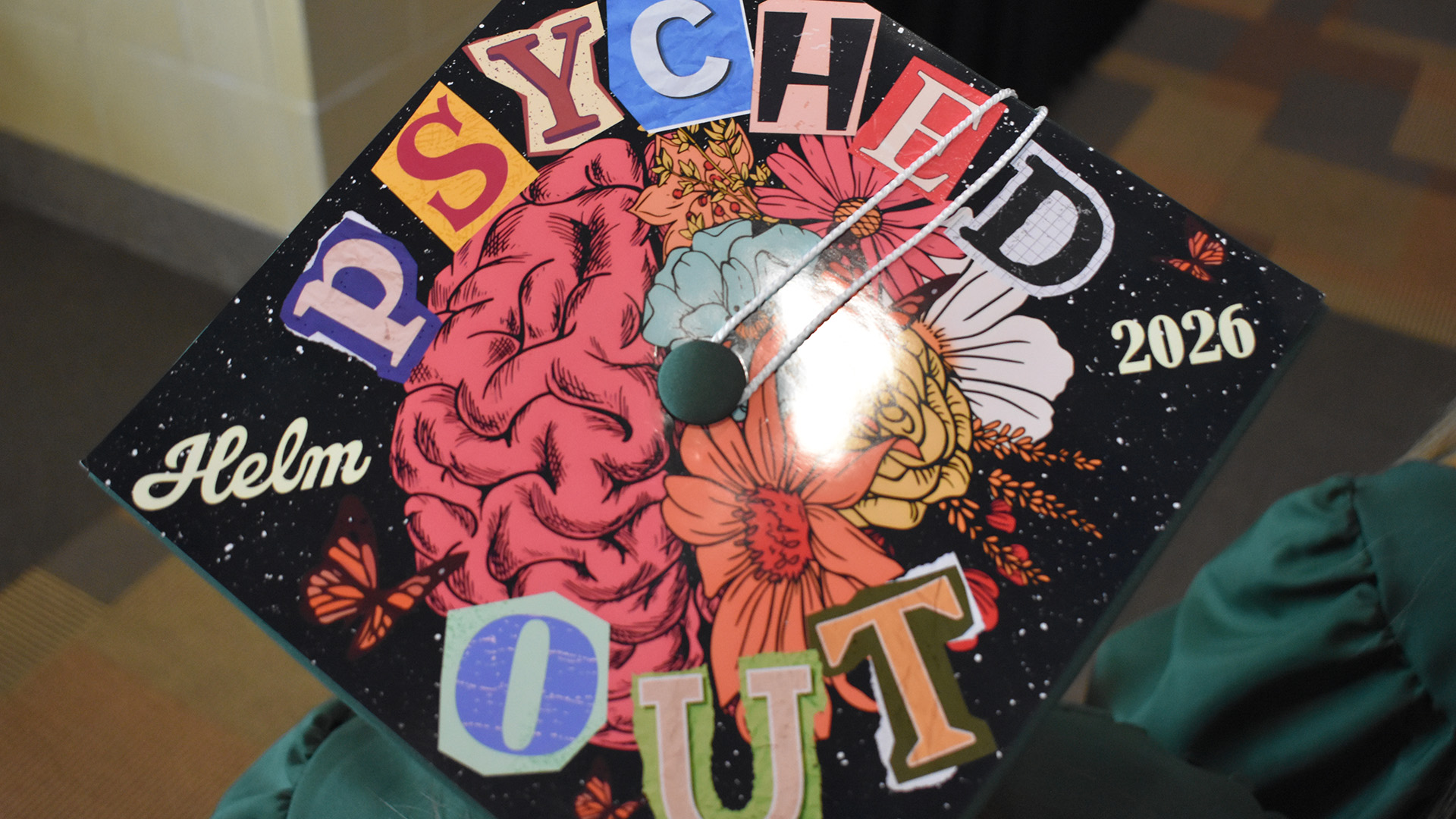 A decorated mortar board at BSU's 107th Commencement, May 8, 2026.