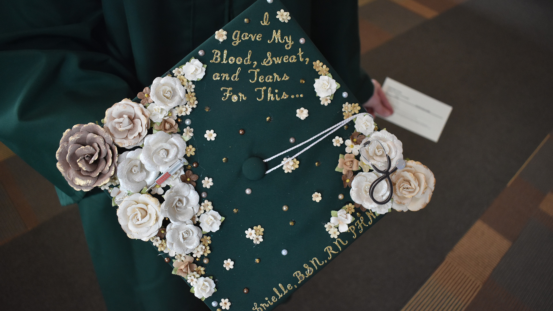 A decorated mortar board at BSU's 107th Commencement, May 8, 2026.