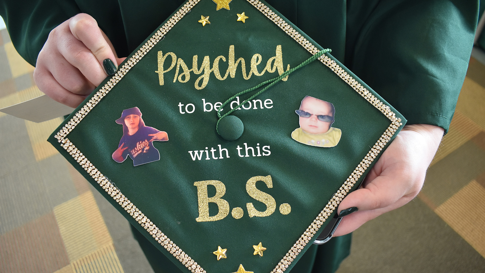 A decorated mortar board at BSU's 107th Commencement, May 8, 2026.