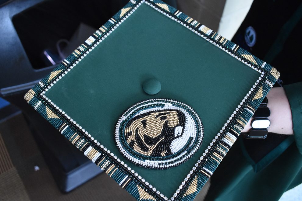 A decorated mortar board at BSU's 107th Commencement, May 8, 2026.