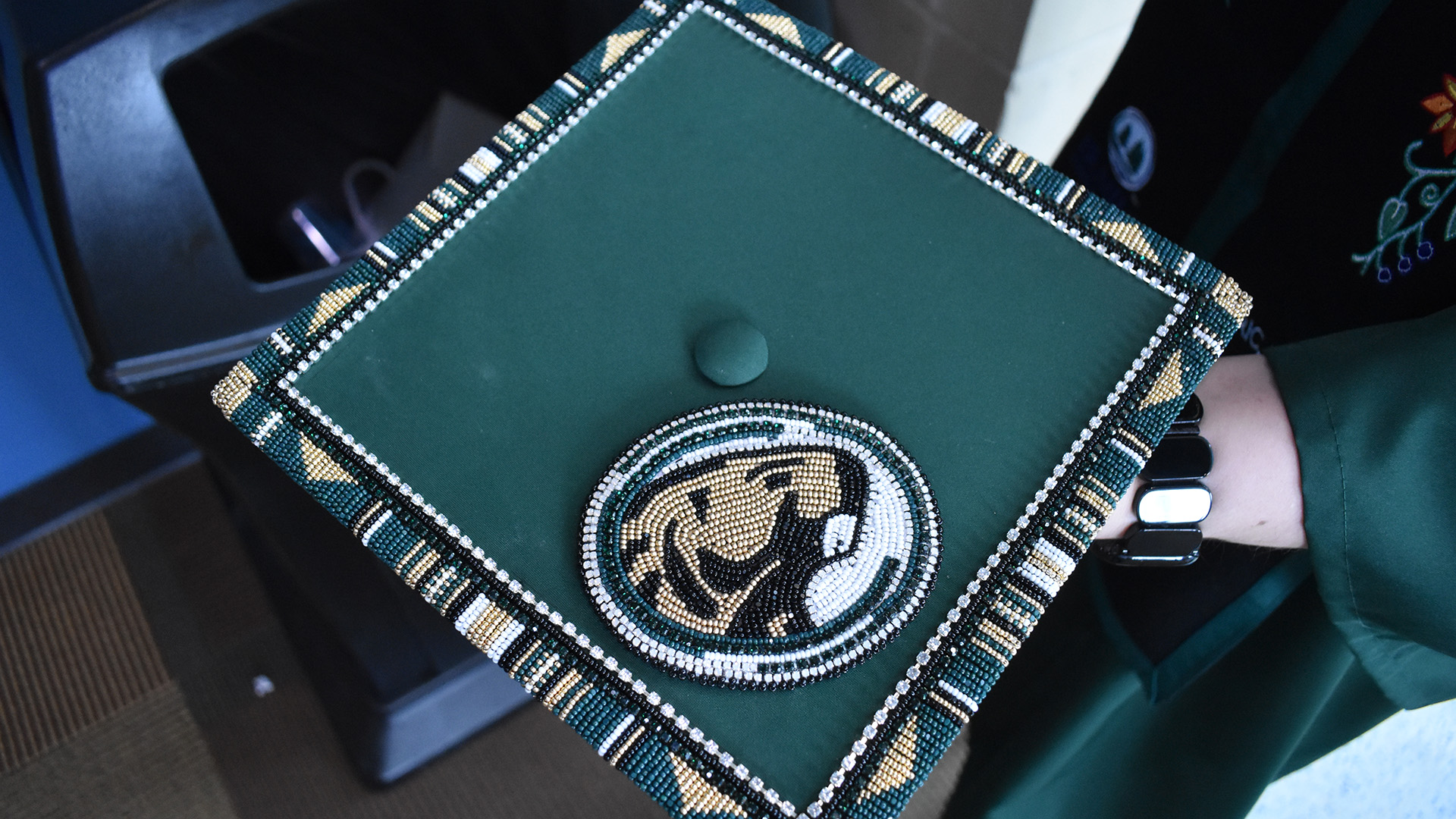 A decorated mortar board at BSU's 107th Commencement, May 8, 2026.