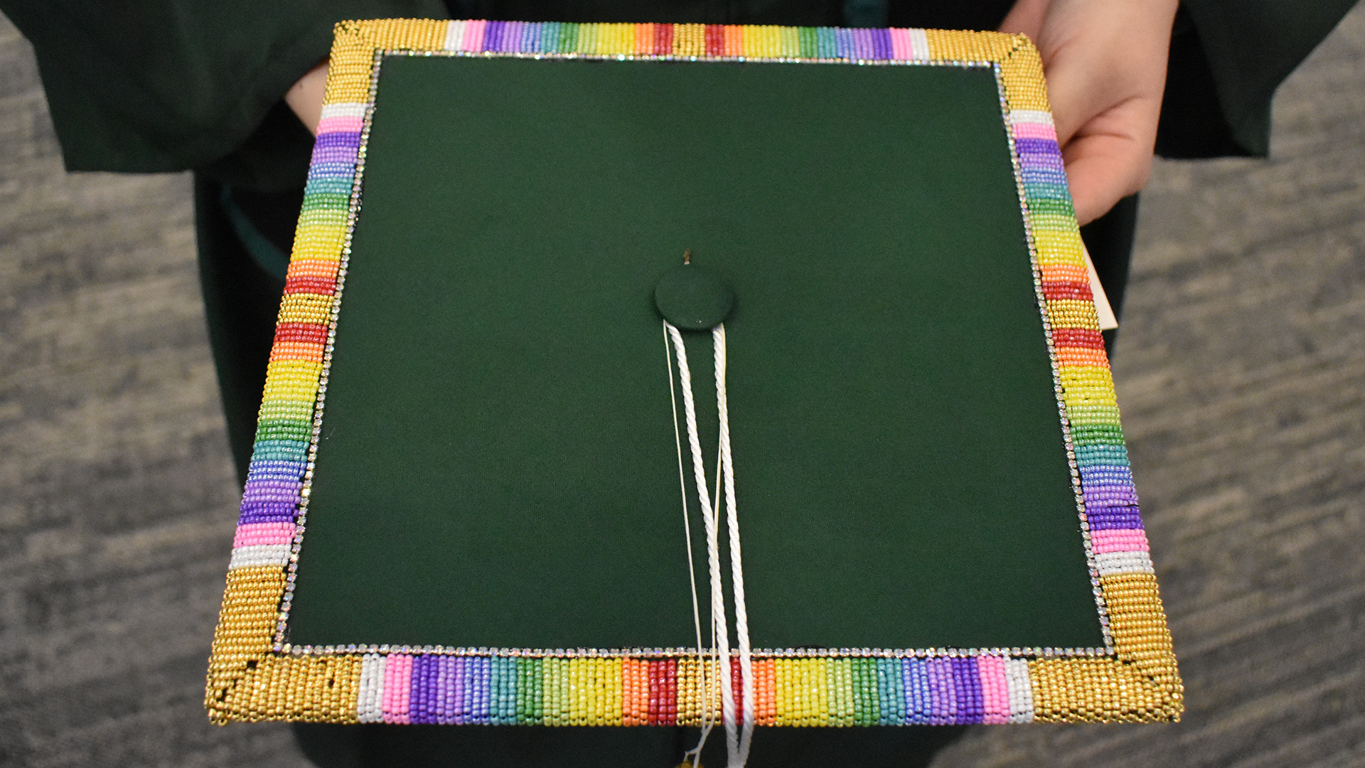 A decorated mortar board at BSU's 107th Commencement, May 8, 2026.