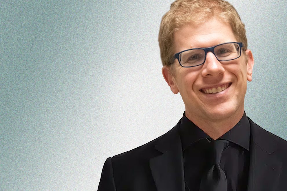 A portrait illustration of BSU adjunct music instructor Ryan Webber; he appears to be wearing a formal all-black suit with a shiny black tie.