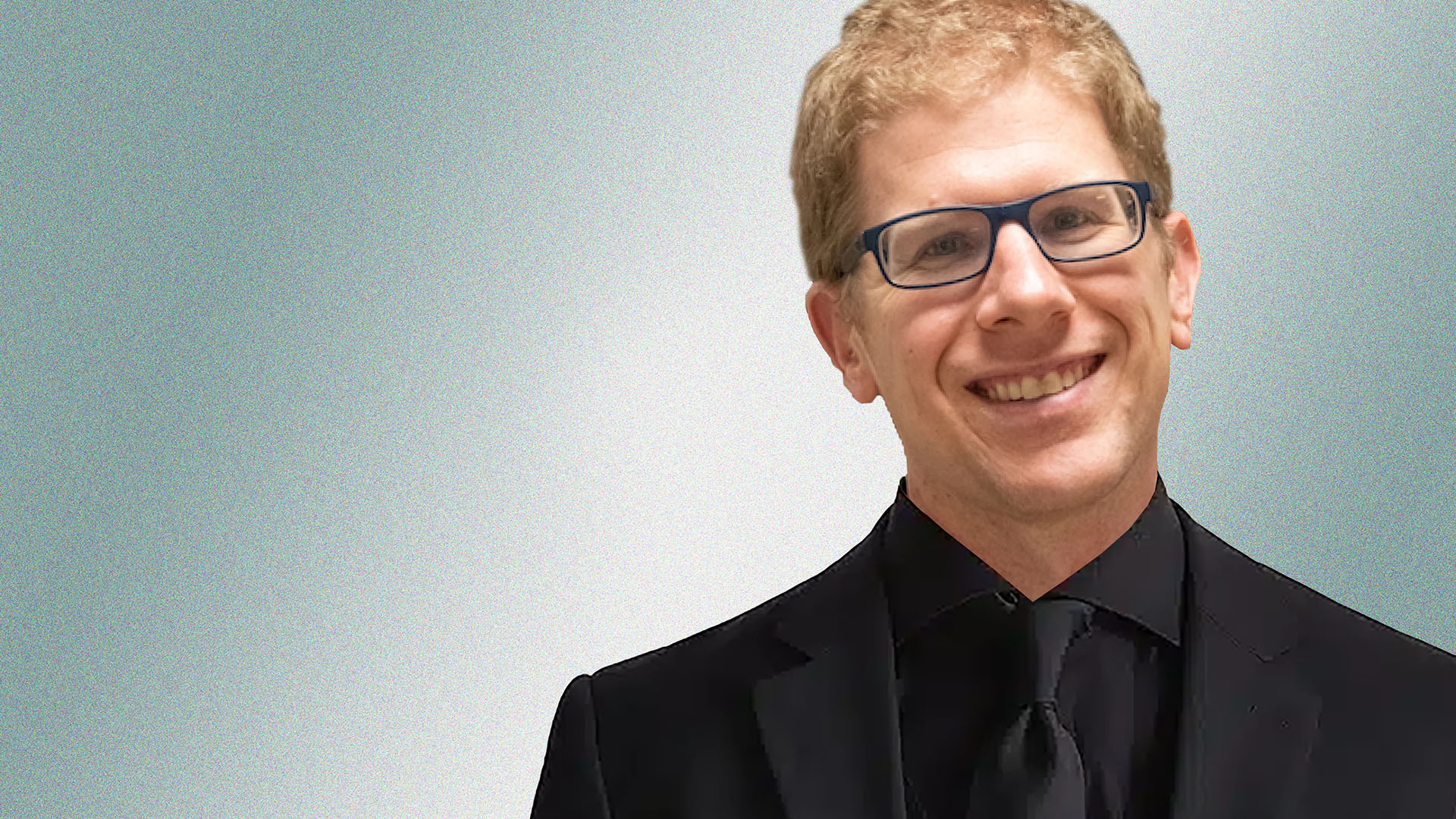 A portrait illustration of BSU adjunct music instructor Ryan Webber; he appears to be wearing a formal all-black suit with a shiny black tie.