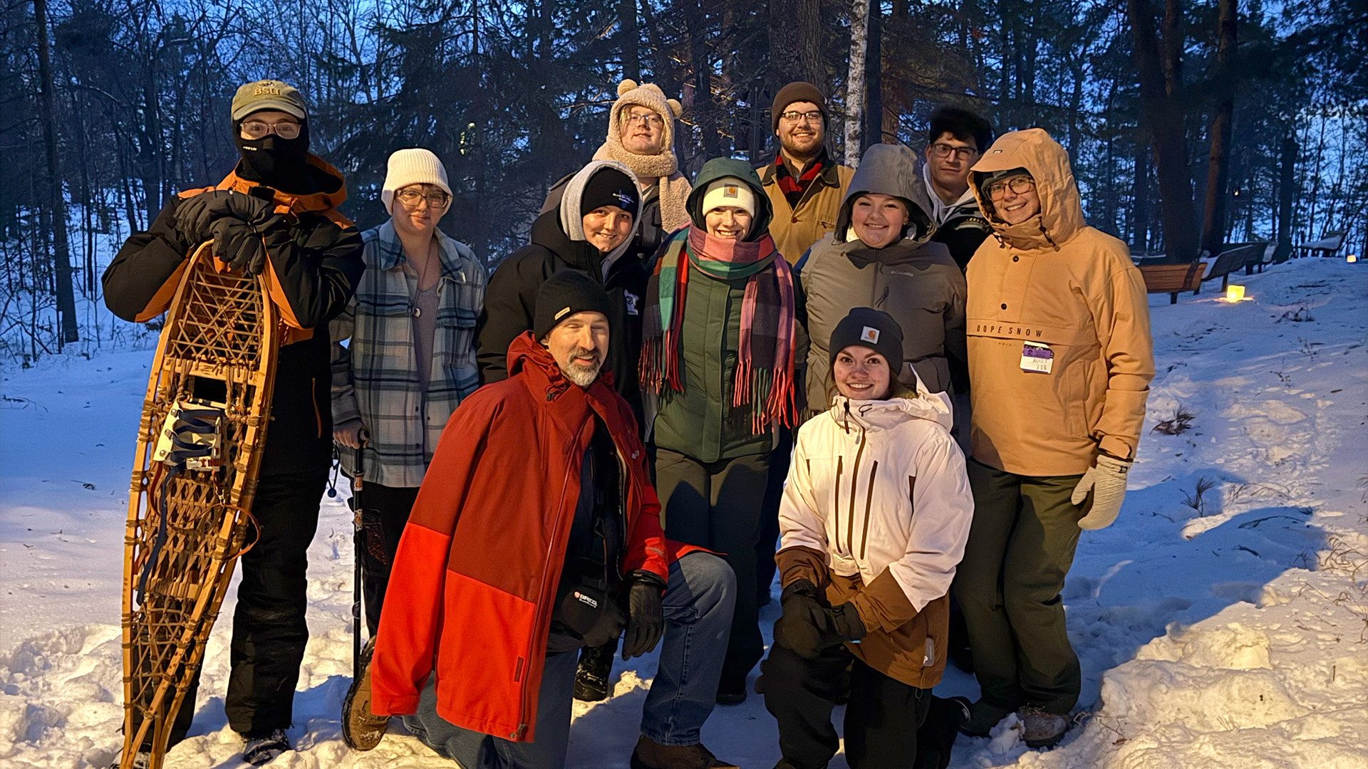 BSU's Noyce scholars pose outdoors during a snowshoeing activity during the 2025-26 school year.