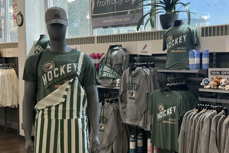 Bemidji State University gear on display at the bookstore.