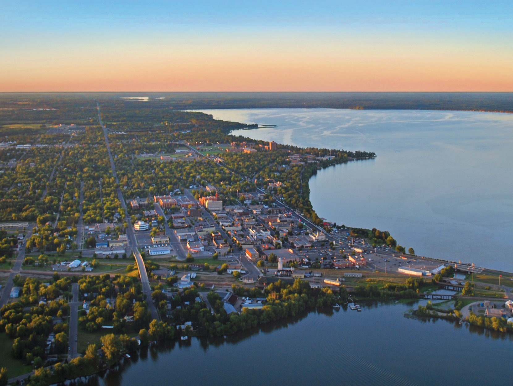 A aerial view of Bemidji and Bemidji State University along the shores of the lake