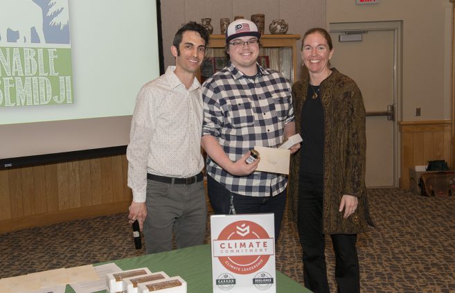 Christopher Shepard, a senior employed by the Sustainability Office, pictured with Jordan Lutz, sustainability project manager, and Erika Bailey-Johnson, sustainability coordinator.