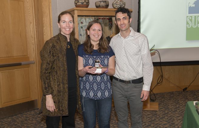 ourtney Anderson, a senior employed by the Sustainability Office, pictured with Jordan Lutz, sustainability project manager, and Erika Bailey-Johnson, sustainability coordinator.