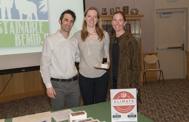 Aili Kultala, a senior employed by the Sustainability Office, pictured with Jordan Lutz, sustainability project manager, and Erika Bailey-Johnson, sustainability coordinator.