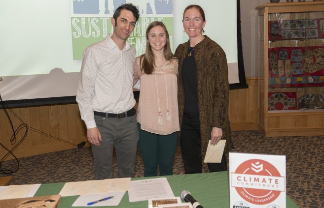 Camilla (Cami) Prosise, a senior employed by the Sustainability Office, pictured with Jordan Lutz, sustainability project manager, and Erika Bailey-Johnson, sustainability coordinator.
