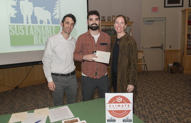 Jon Barcenas, a senior employed by the Sustainability Office, pictured with Jordan Lutz, sustainability project manager, and Erika Bailey-Johnson, sustainability coordinator.