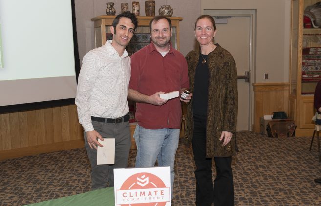 Jeremiah Johnson, a senior employed by the Sustainability Office, pictured with Jordan Lutz, sustainability project manager, and Erika Bailey-Johnson, sustainability coordinator.