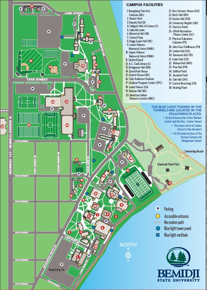 A map of BSU with the blue light emergency system locations