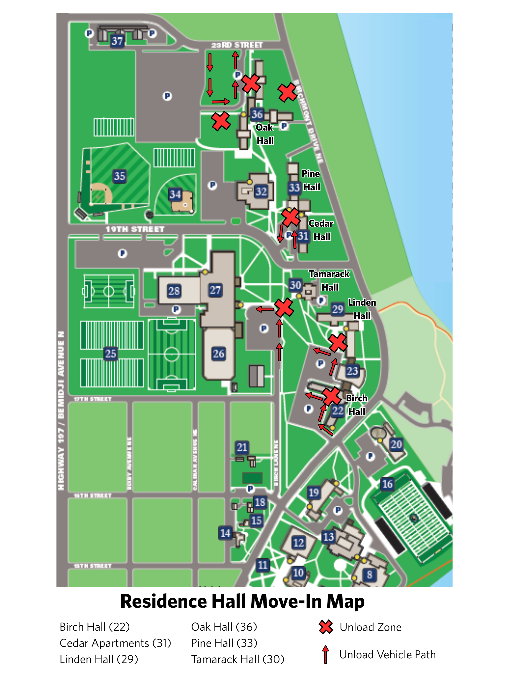 Campus map showing residence halls and designated unload zones for move-in day, marked with red X's and unload vehicle paths indicated by red arrows. Key buildings like Birch Hall, Oak Hall, Pine Hall, Cedar Apartments, and Tamarack Hall are labeled with numbers and surrounded by streets and parking areas, with a lake on the right side.